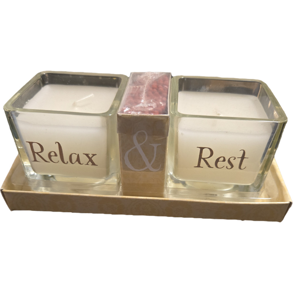 Hallmark set 2 candles and one box matches fresh linen 90 matches relax & rest
